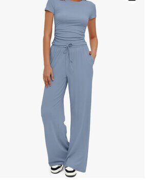 Women’s Drawstring Wide-Leg Jumpsuit - Dusty Blue